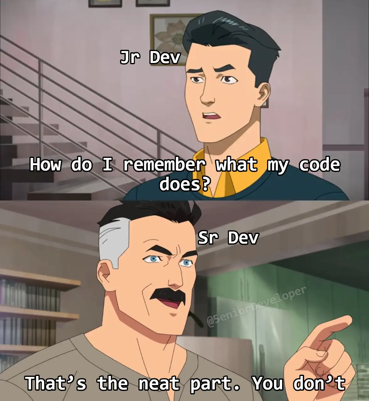 The image is a two-panel meme featuring animated characters. The top panel shows a younger man labeled 'Jr Dev' asking 'How…