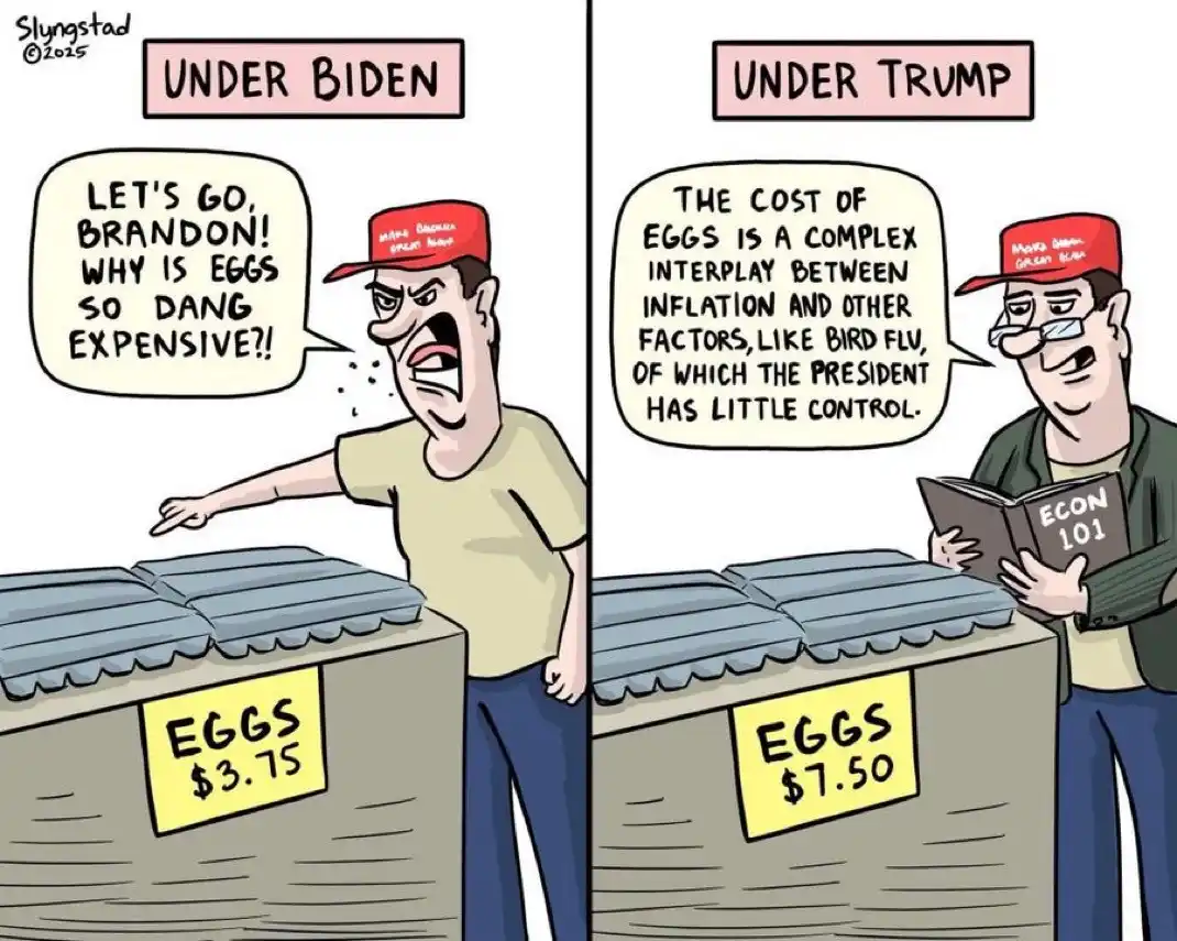 A two-panel comic shows a man in a 'Make America Great Again' hat reacting to egg prices. In the left panel, labeled 'UNDER…