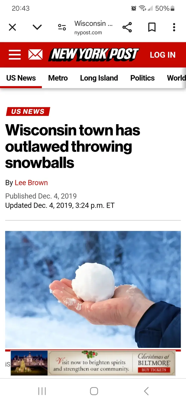 A screenshot of a New York Post article from December 2019 shows a headline about a Wisconsin town outlawing snowball…