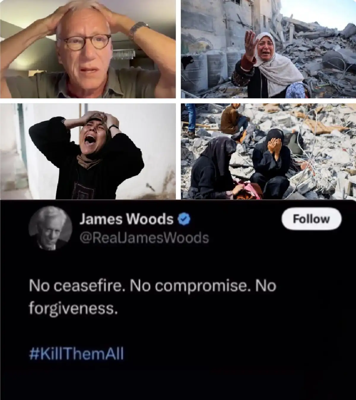 A collage shows four images: an older man with hands on his head, a woman crying in rubble, a woman screaming with hands on…