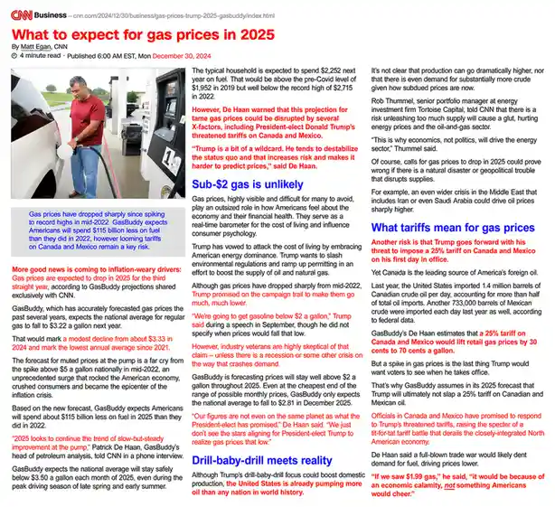 Predictions for Gas Prices in 2025 as of December 31, 2024