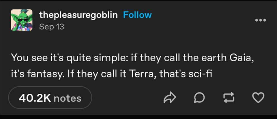 A screenshot of a Tumblr post by 'thepleasuregoblin' dated Sep 13, showing white text on a dark background. The text reads…