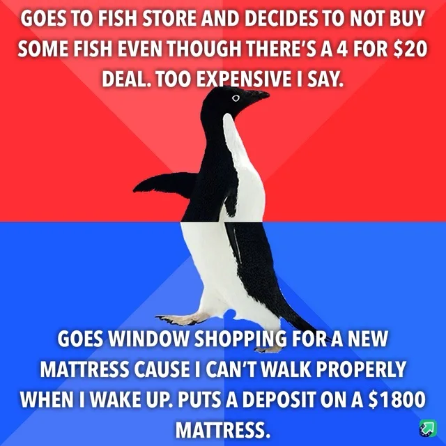 A penguin stands centered against a red and blue background, with white text overlaid in two sections. The top text reads…