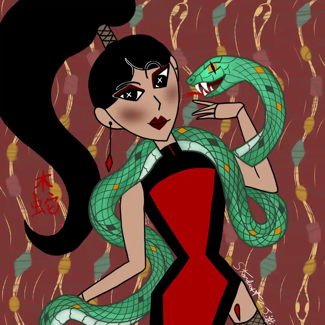 An illustrated woman with long black hair and red dress has a green snake wrapped around her, its head near her face. The…