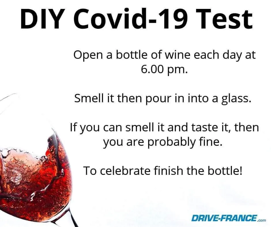 A white background image features a glass of red wine on the left and overlaid text that humorously presents a 'DIY Covid-19…