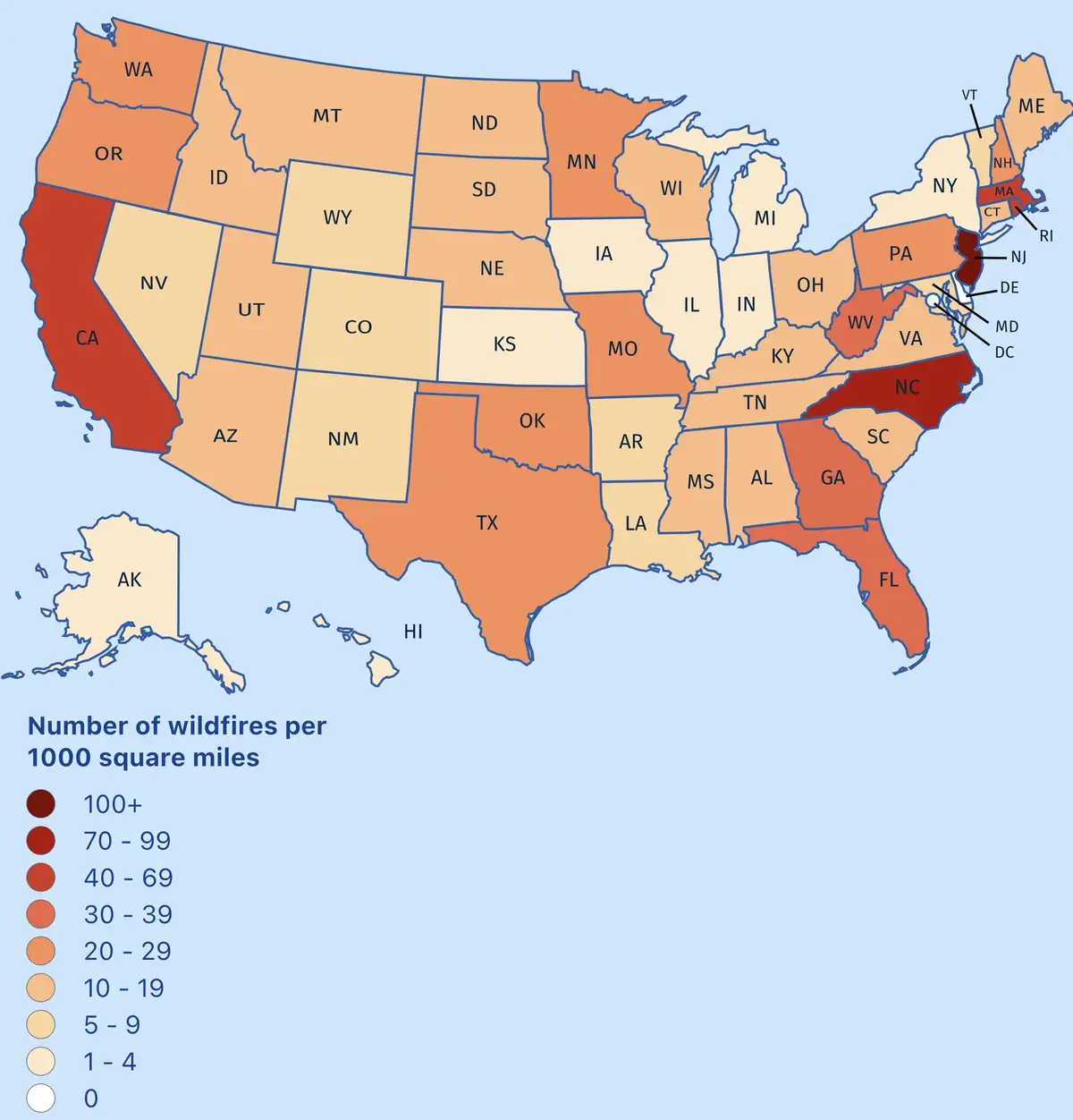 A color-coded map of the United States showing wildfire frequency per 1000 square miles, with states like California and…