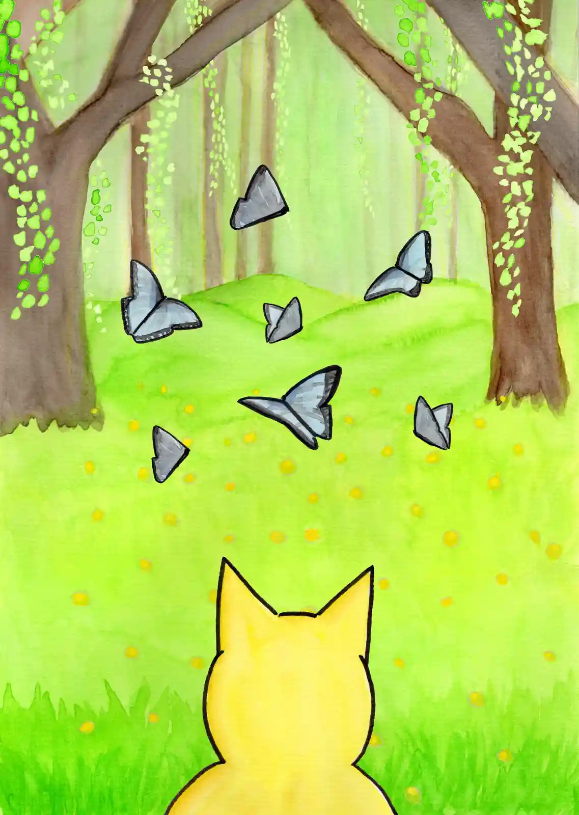 A watercolor-style illustration shows the back of a yellow cartoon cat sitting in a vibrant green field dotted with yellow…