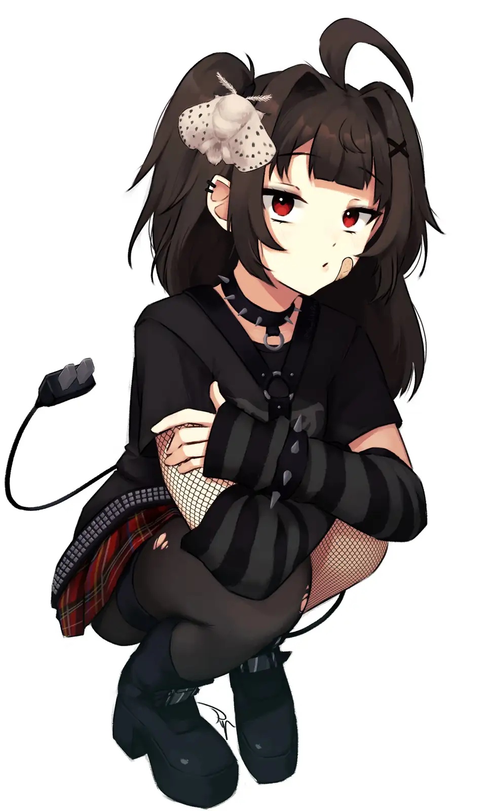 An anime-style girl with dark hair in twin tails, red eyes, and a devil-like tail is crouching with arms crossed, wearing…