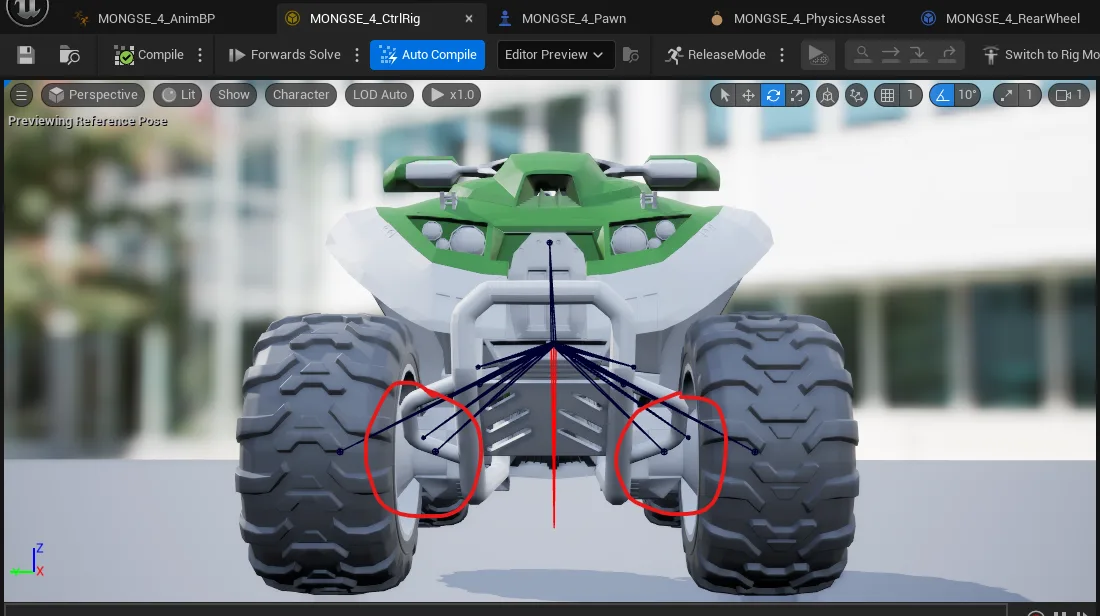 a 3d model of a green and white quad bike is shown in a game engine editor, with red circles drawn around the front fenders…
