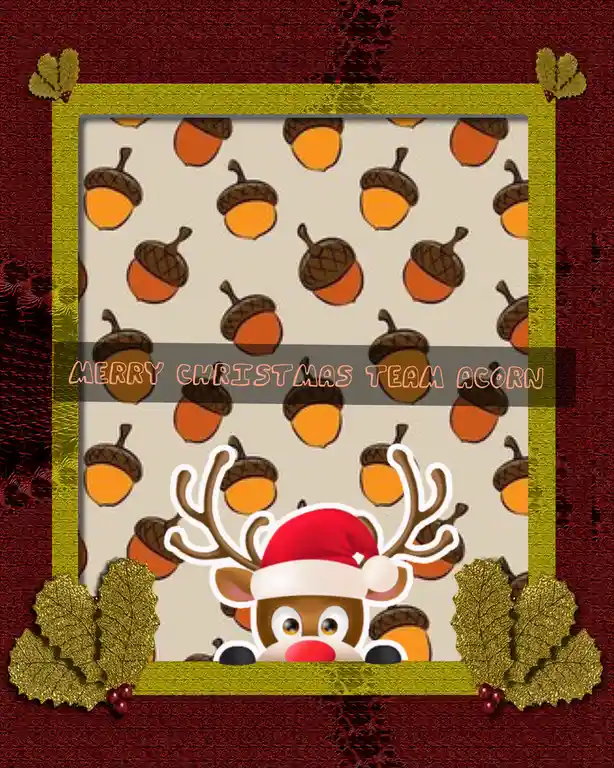 A festive Christmas card template with a red textured border and gold leaf decorations. The central image features a…