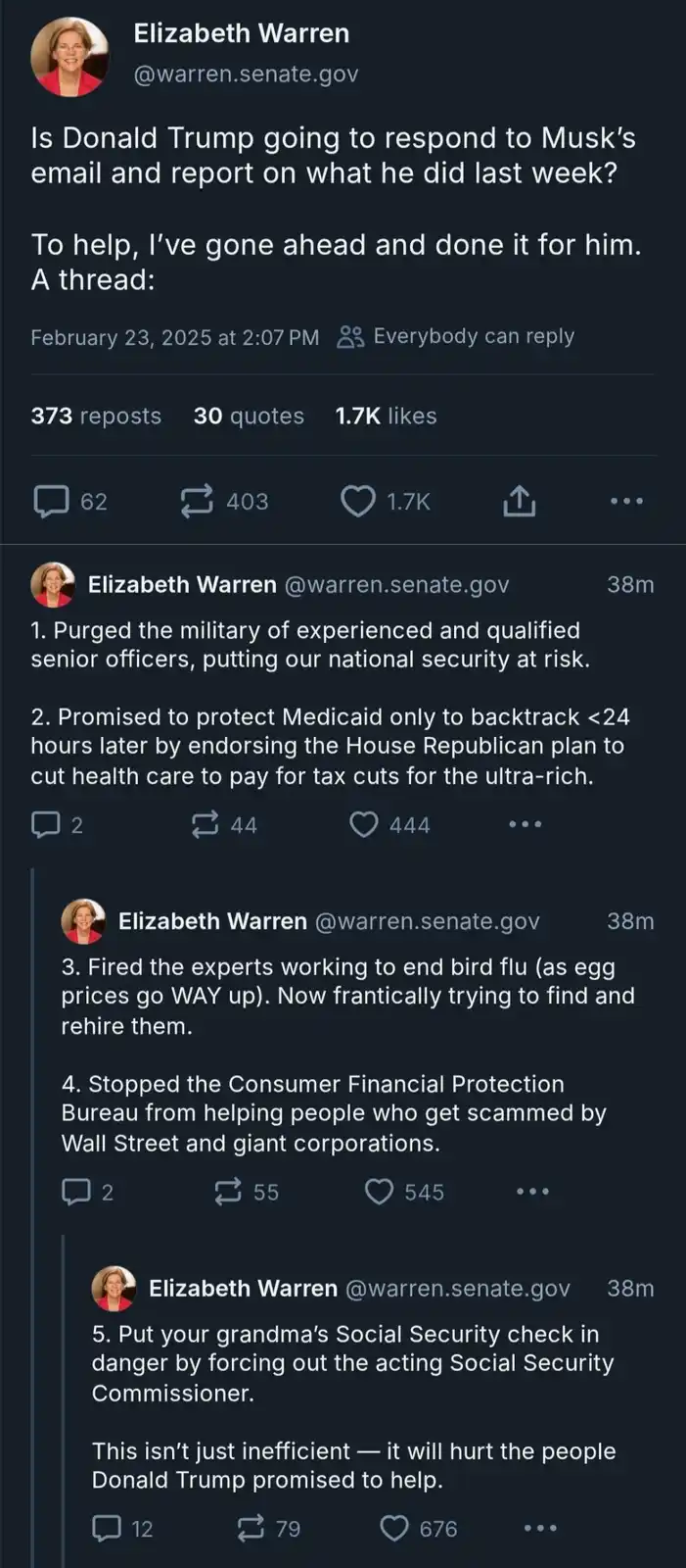 A screenshot of a Twitter thread from Elizabeth Warren's official account, where she humorously pretends to compile a list…