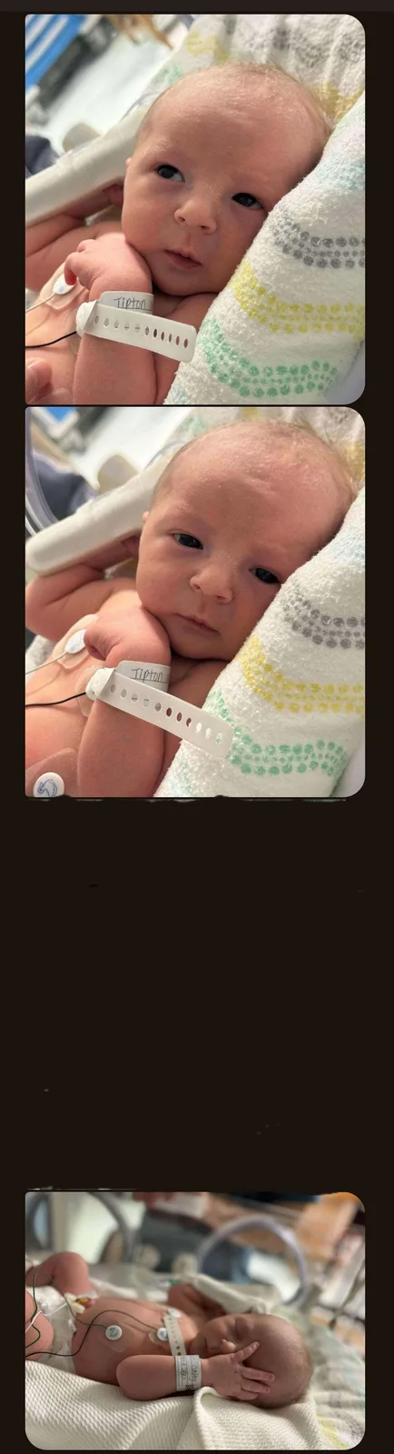 Three photos show a newborn baby in a hospital bed with medical monitors and a wristband labeled 'Tipton'. The baby looks…