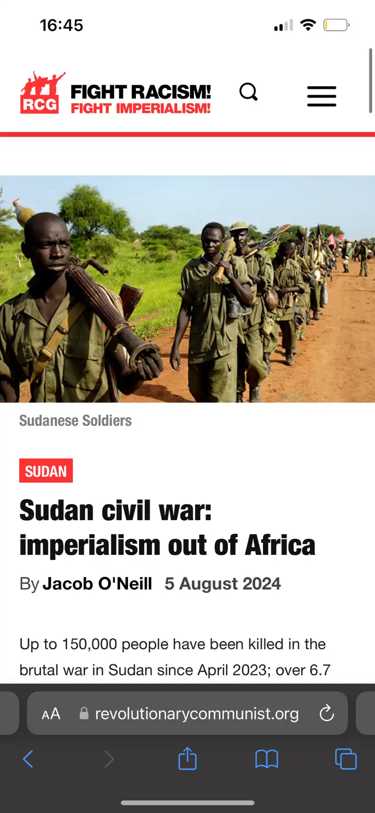 A screenshot of a mobile phone showing a webpage from revolutionarycommunist.org with a photo of Sudanese soldiers marching…