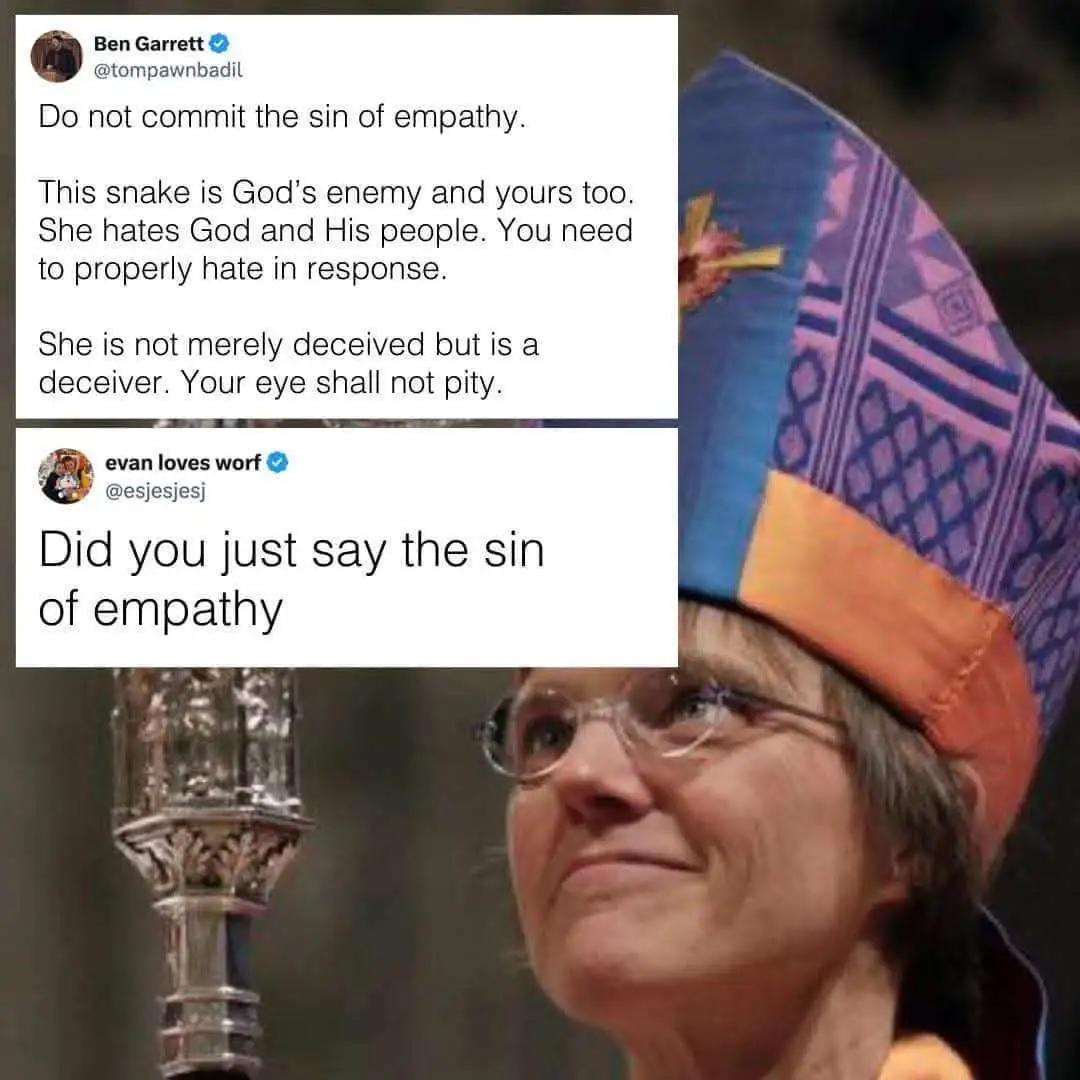 A screenshot of two tweets is overlaid on a photo of a woman in a bishop's hat, looking upward with a slight smirk. The…