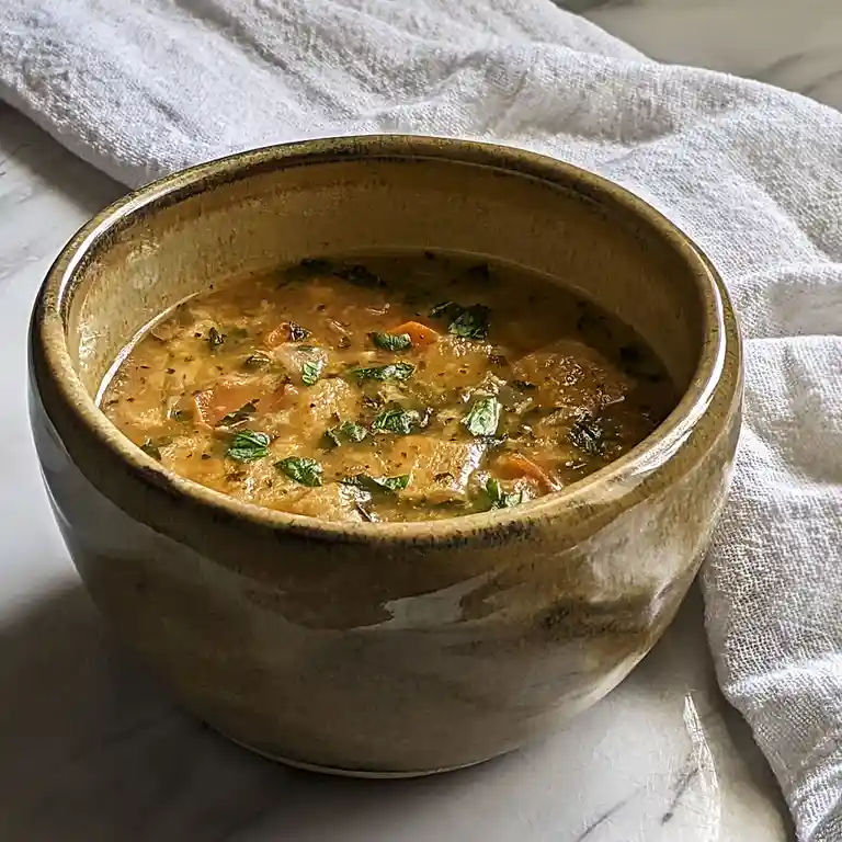 A rustic ceramic bowl filled with a hearty, chunky vegetable soup garnished with fresh green herbs, resting on a white cloth…