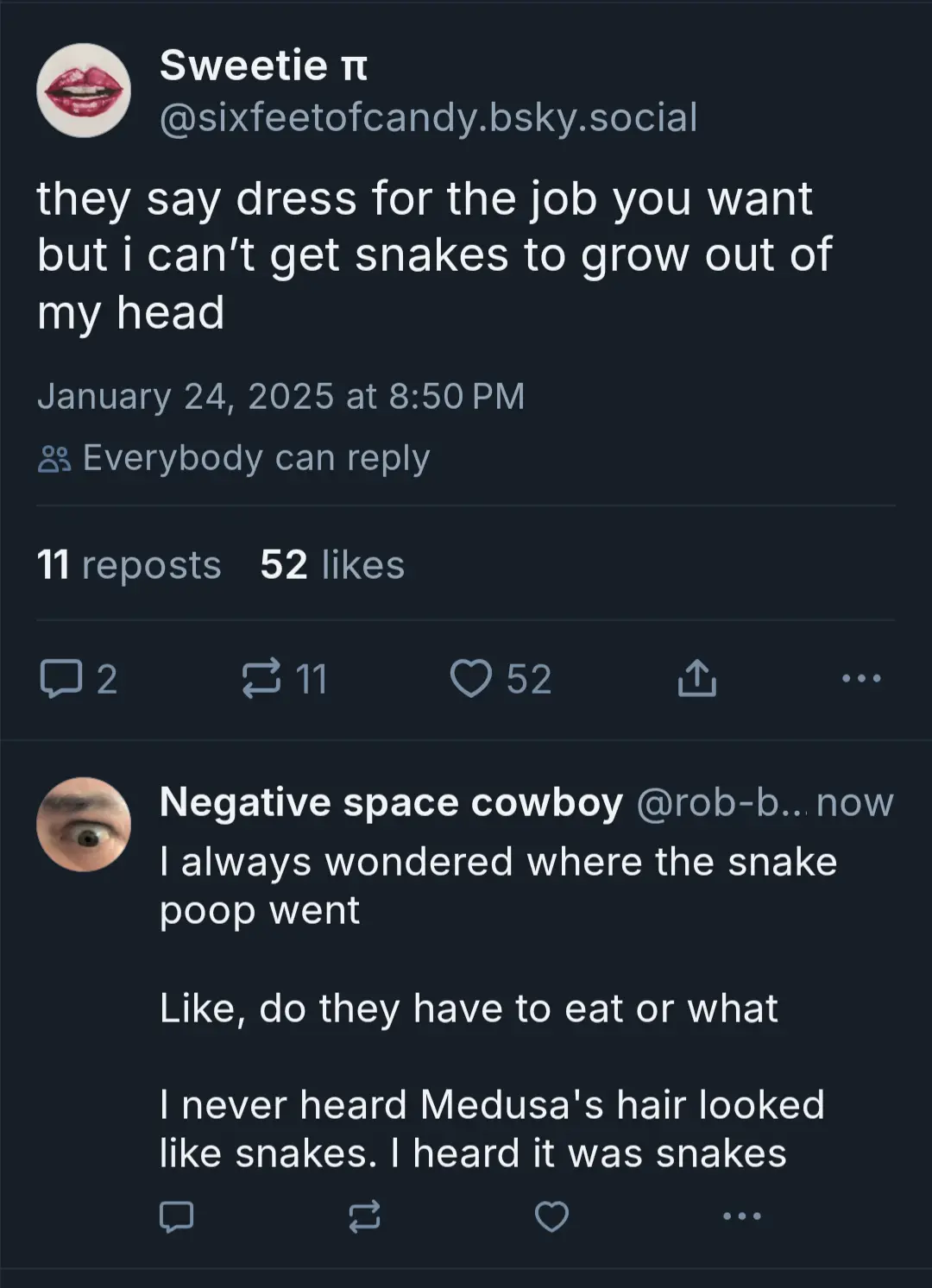A screenshot of a social media post and replies on a dark theme. The original post by 'Sweetie π' says 'they say dress for…