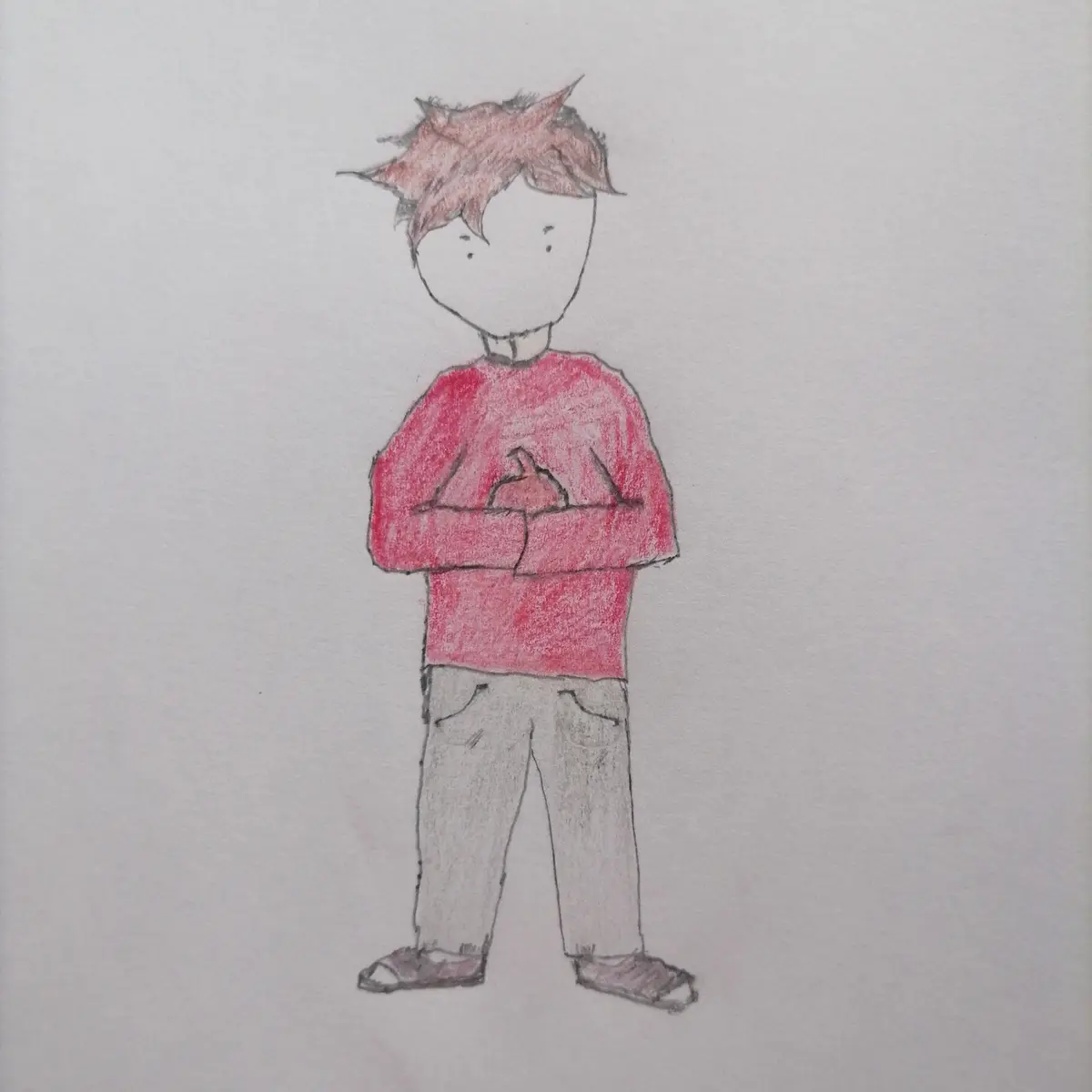 A simple colored pencil drawing of a person with spiky red hair, wearing a red shirt and grey pants, standing with arms…