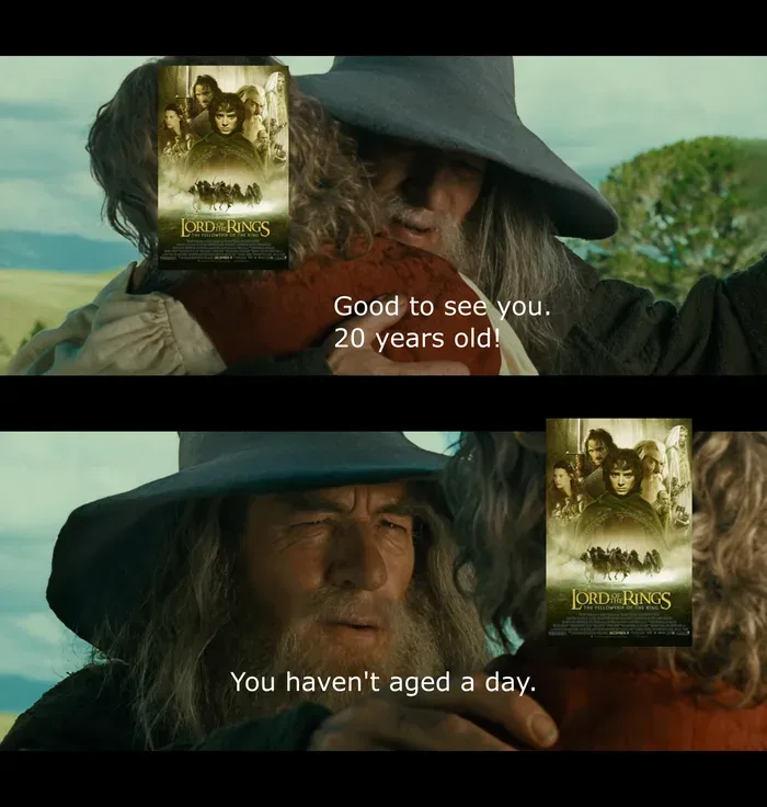 Two-panel meme featuring Gandalf from Lord of the Rings. In the top panel, Gandalf holds a child and says 'Good to see you…