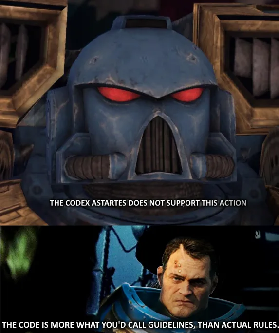 The image is split into two panels. The top panel shows a close-up of a grim-faced Space Marine helmet with glowing red…