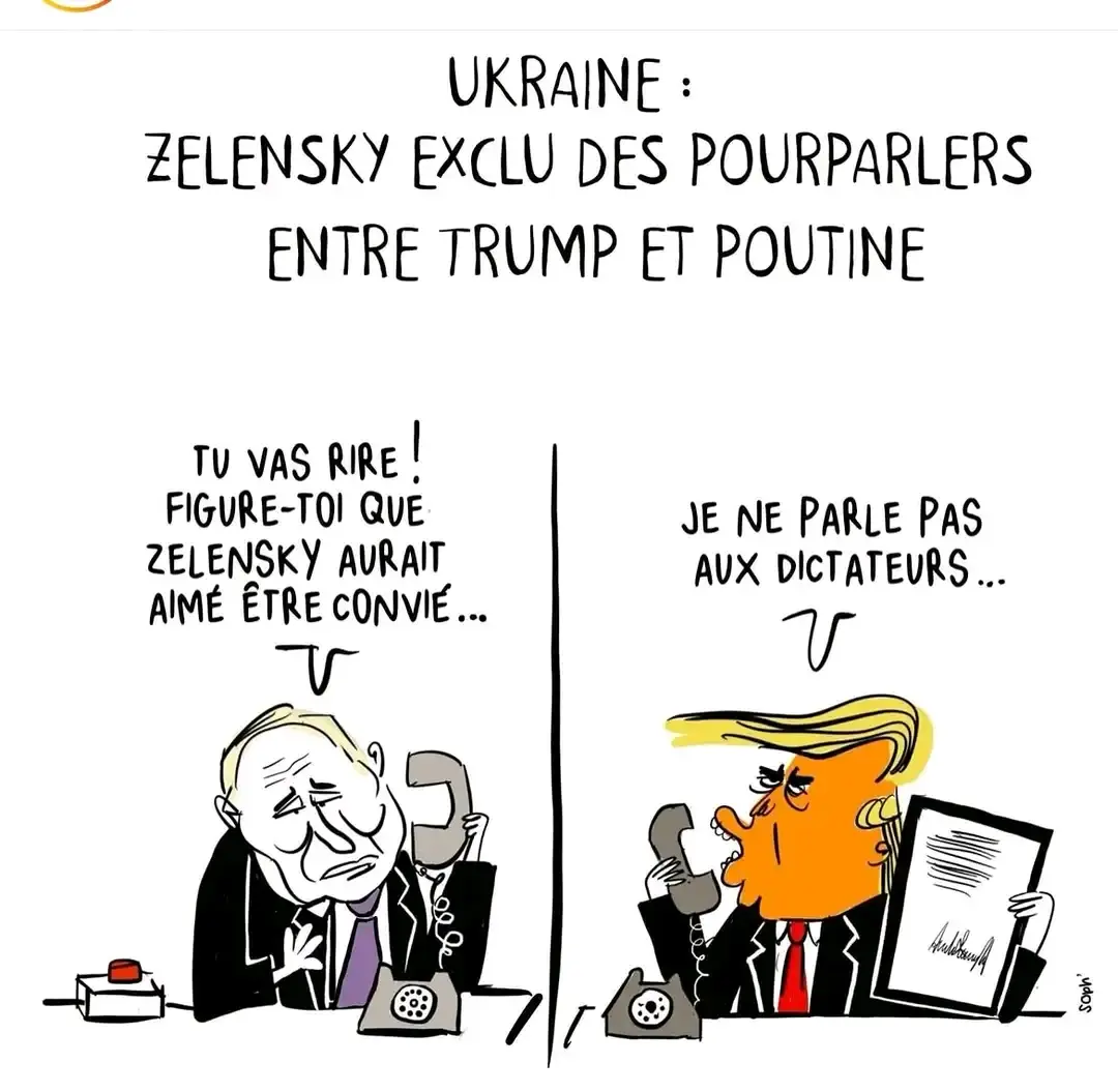 A two-panel cartoon shows Vladimir Putin on the left and Donald Trump on the right, both on the phone. Putin says, 'You'll…