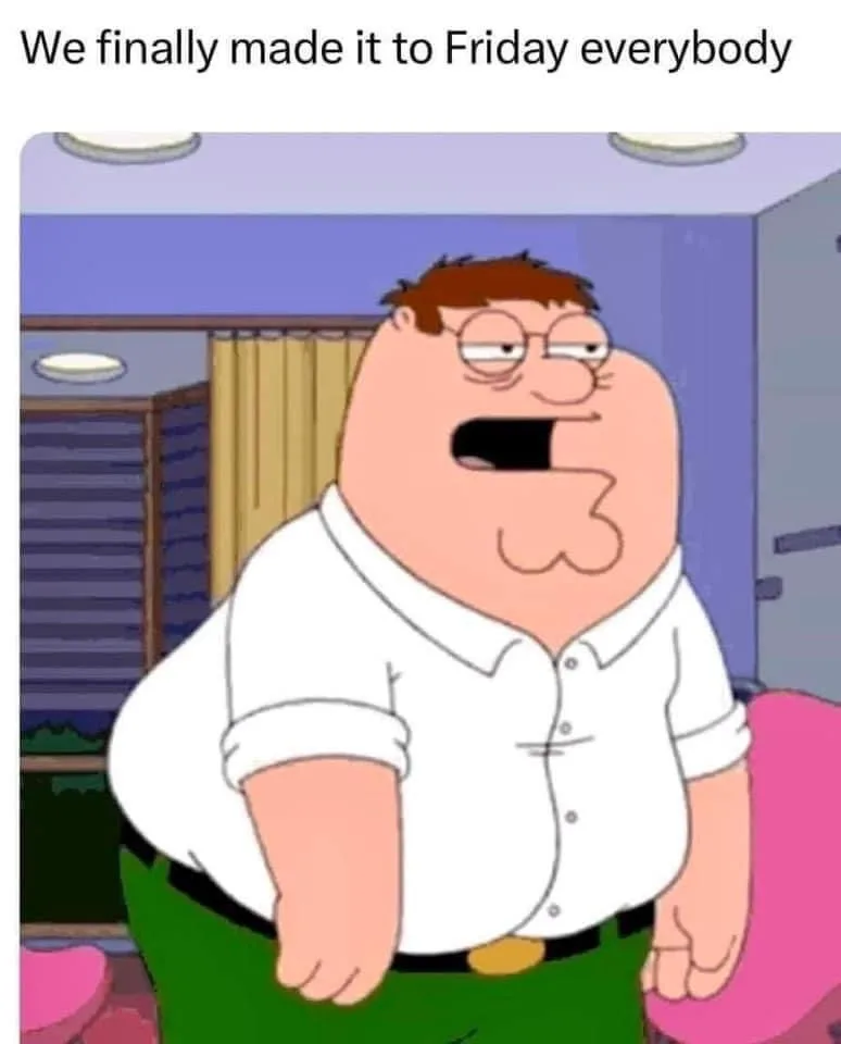 The image shows Peter Griffin from Family Guy, wearing a white button-up shirt and green pants, with a wide, slightly vacant…