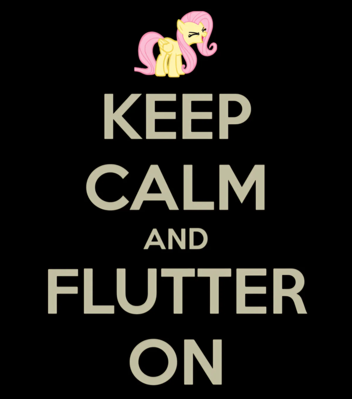 A black background features the iconic 'Keep Calm' poster design with large beige text reading 'KEEP CALM AND FLUTTER ON'…