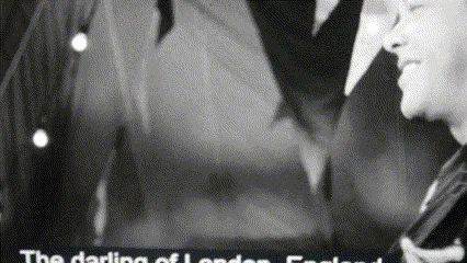 A black-and-white image collage from a classic film showing a woman in a hat smiling and waving, followed by a man in a suit…