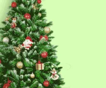 A sequence of six images shows a spotted cat leaping and climbing a decorated Christmas tree, with the final frame showing…