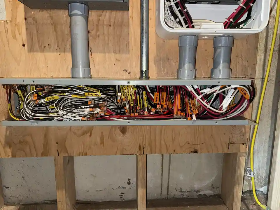 A close-up photo shows a messy bundle of electrical wires in a junction box, each wire labeled with yellow or orange tags…