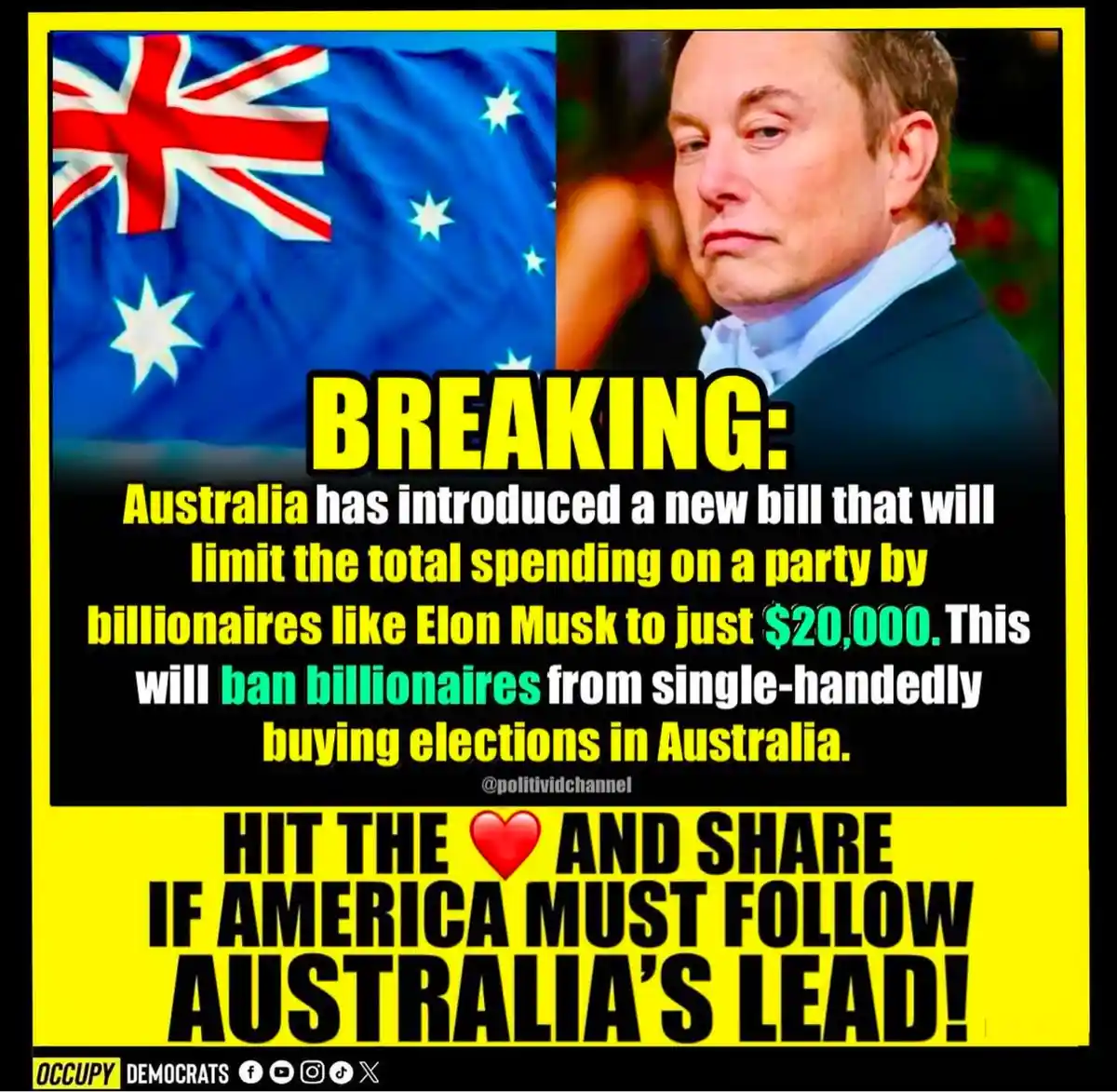 The image displays a split-screen with the Australian flag on the left and a photo of Elon Musk on the right. Overlaid text…