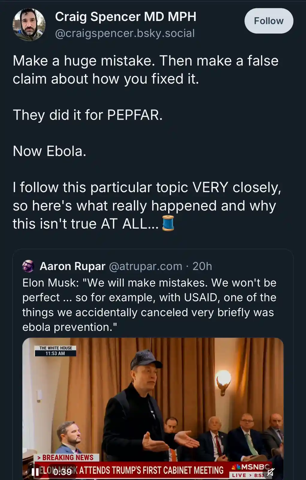 A screenshot of a social media post by Craig Spencer MD MPH criticizing a pattern of making mistakes and false claims…