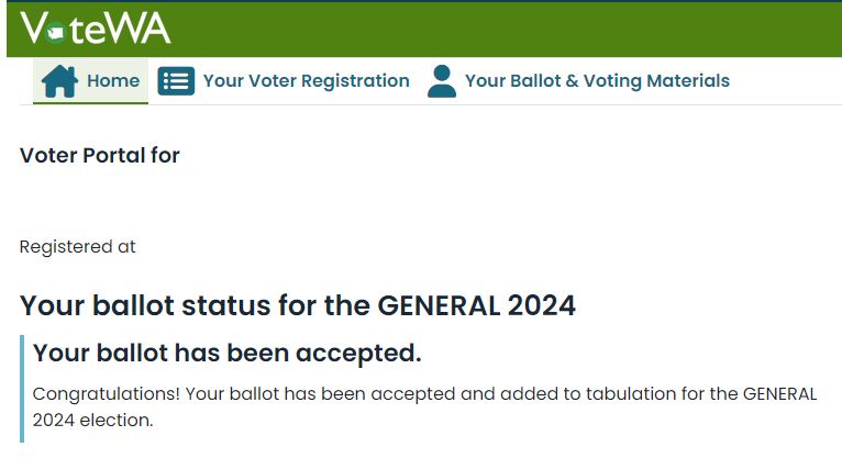 A screenshot of the Washington State Department of Health's voter portal showing a ballot acceptance confirmation for the…