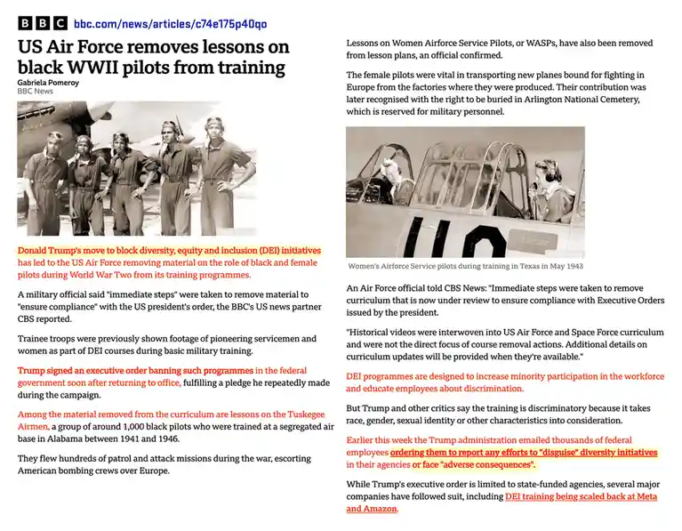 This image is a screenshot of a BBC News article detailing how the US Air Force removed lessons on black WWII pilots and…