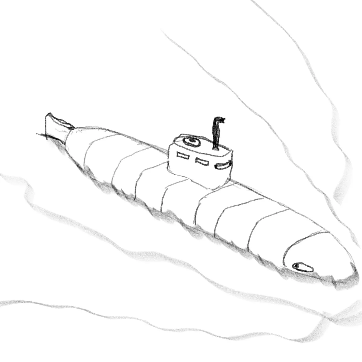A simple black-and-white sketch shows a submarine with a cartoonish face, drawn with a wavy line suggesting water or smoke…