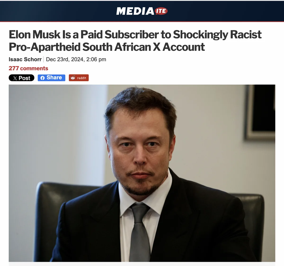 The image shows a screenshot of a fake news article from 'MEDIA ITE' with a headline accusing Elon Musk of being a paid…