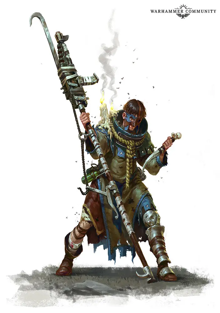 A Warhammer fantasy warrior, likely a Chaos Space Marine or similar, is depicted wielding a massive, ornate, smoking weapon…
