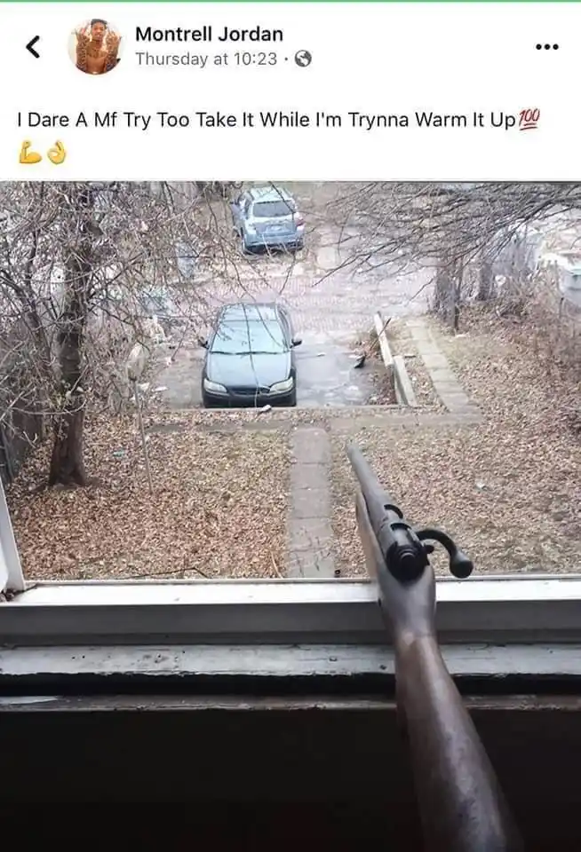 A screenshot of a social media post by Montrell Jordan shows a rifle resting on a windowsill, pointing down a leaf-covered…