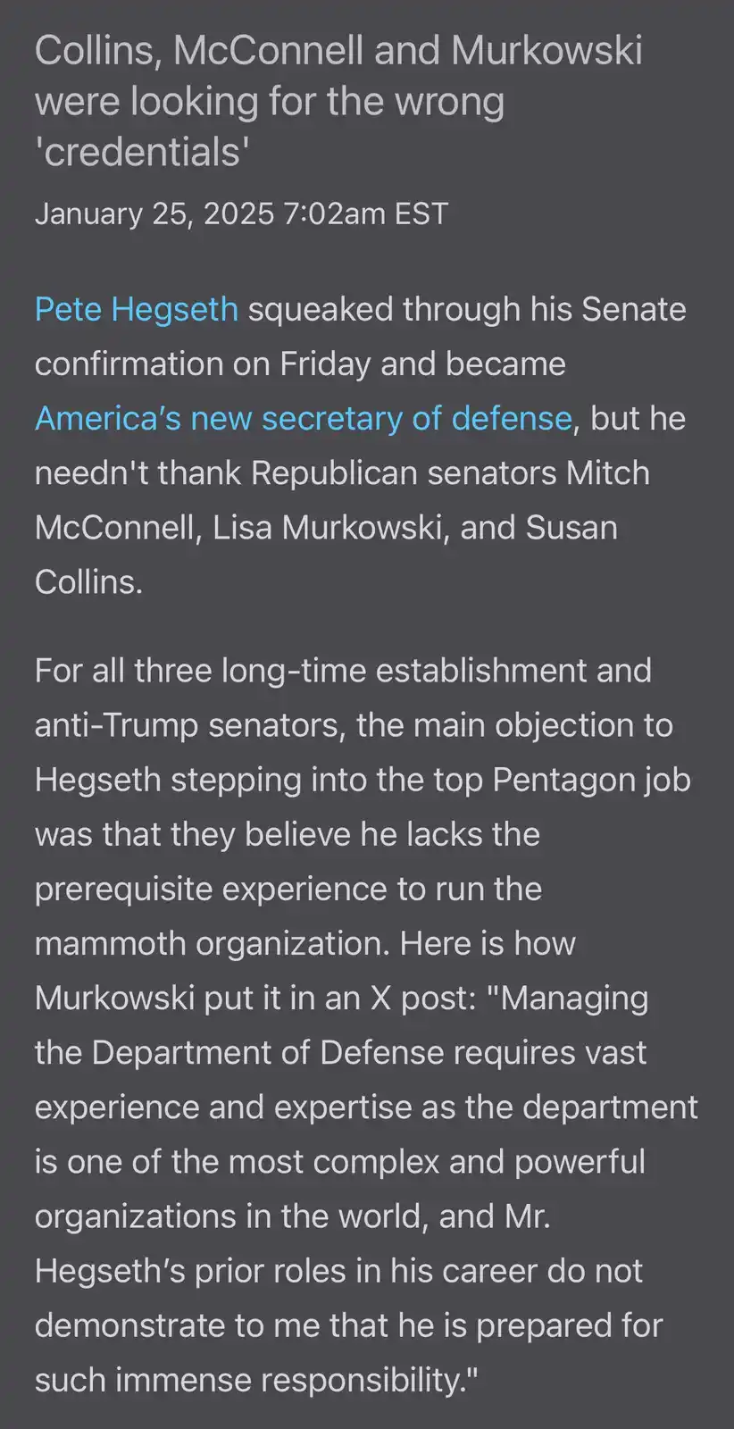 The image displays a screenshot of a news article with a dark gray background and white text. The article headline reads…