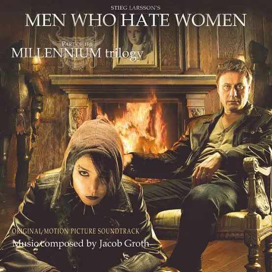The image is a parody album cover for 'Men Who Hate Women,' part of the Millennium trilogy, featuring two characters in a…
