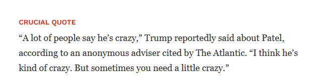 The image displays a text block with the heading 'CRUCIAL QUOTE' in red, followed by a quote attributed to Trump about…