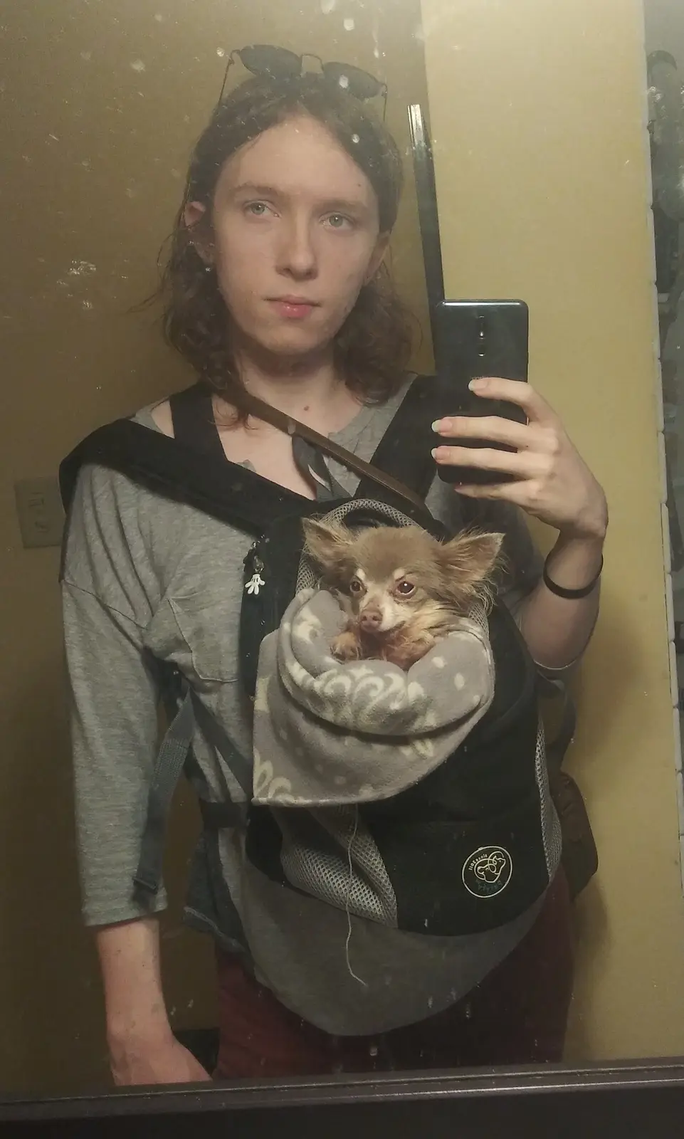 A person with long brown hair and sunglasses perched on their head takes a mirror selfie while wearing a black baby carrier…