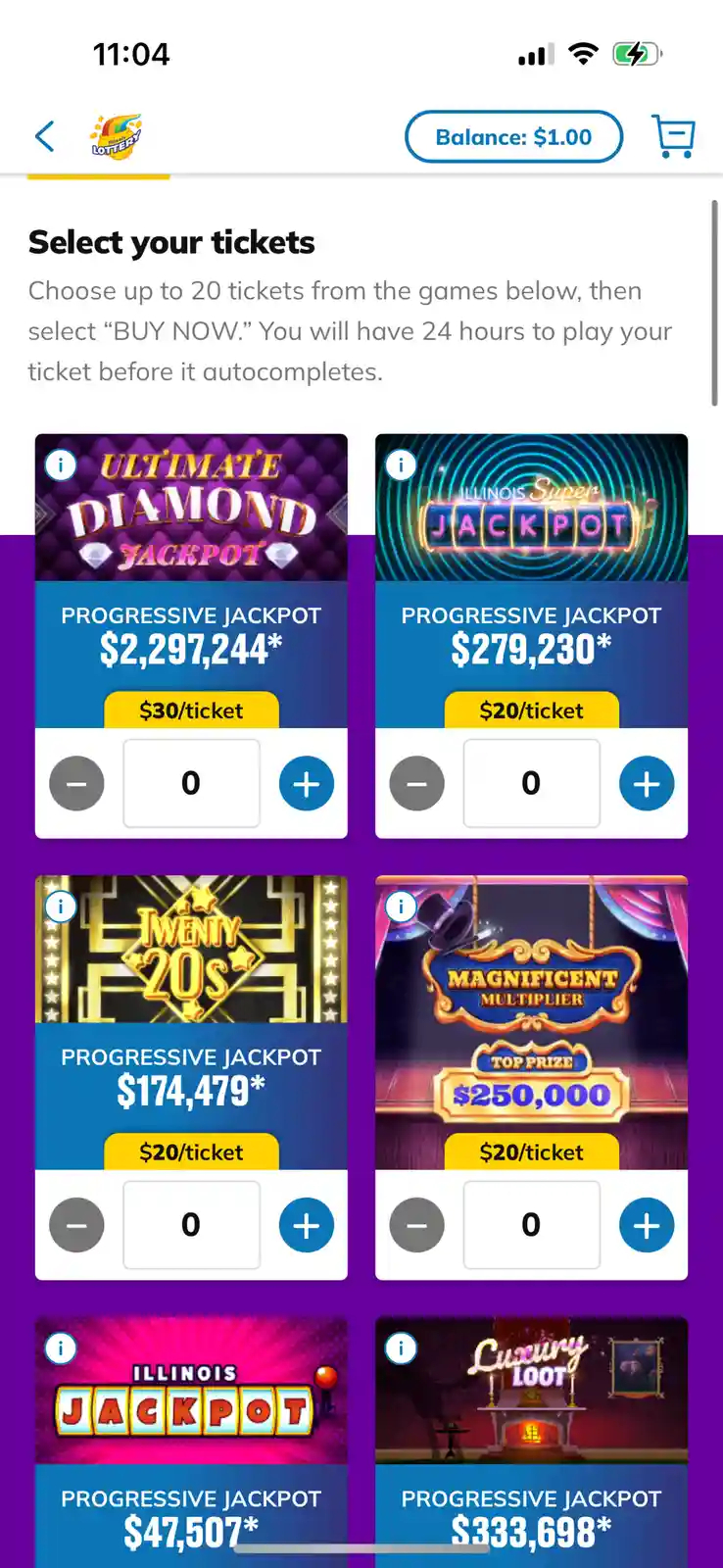 A smartphone screenshot of a lottery app showing six different games with progressive jackpots ranging from $47,507 to…