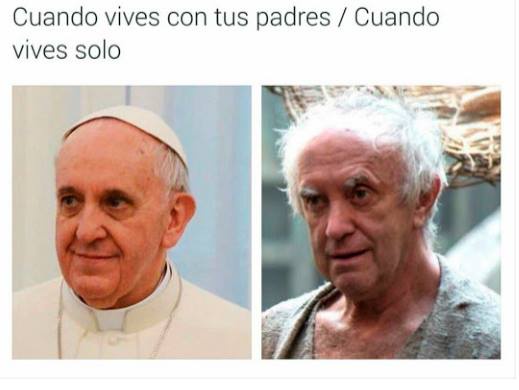 The image shows two side-by-side photos: on the left, Pope Francis in his white papal attire with a gentle expression; on…