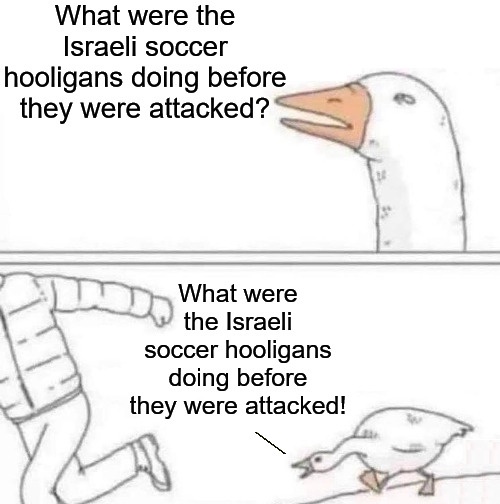 The top panel shows a cartoon goose with its beak open, as if speaking, with text asking 'What were the Israeli soccer…
