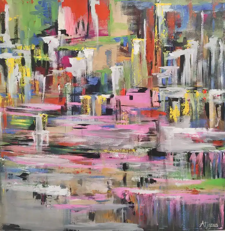 An abstract painting with bold, colorful brushstrokes in red, green, pink, yellow, and white, depicting a cityscape with…