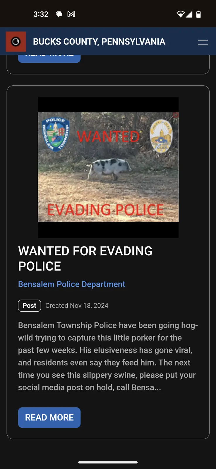 A screenshot of a social media post from the Bensalem Police Department shows a photo of a black-and-white spotted pig…
