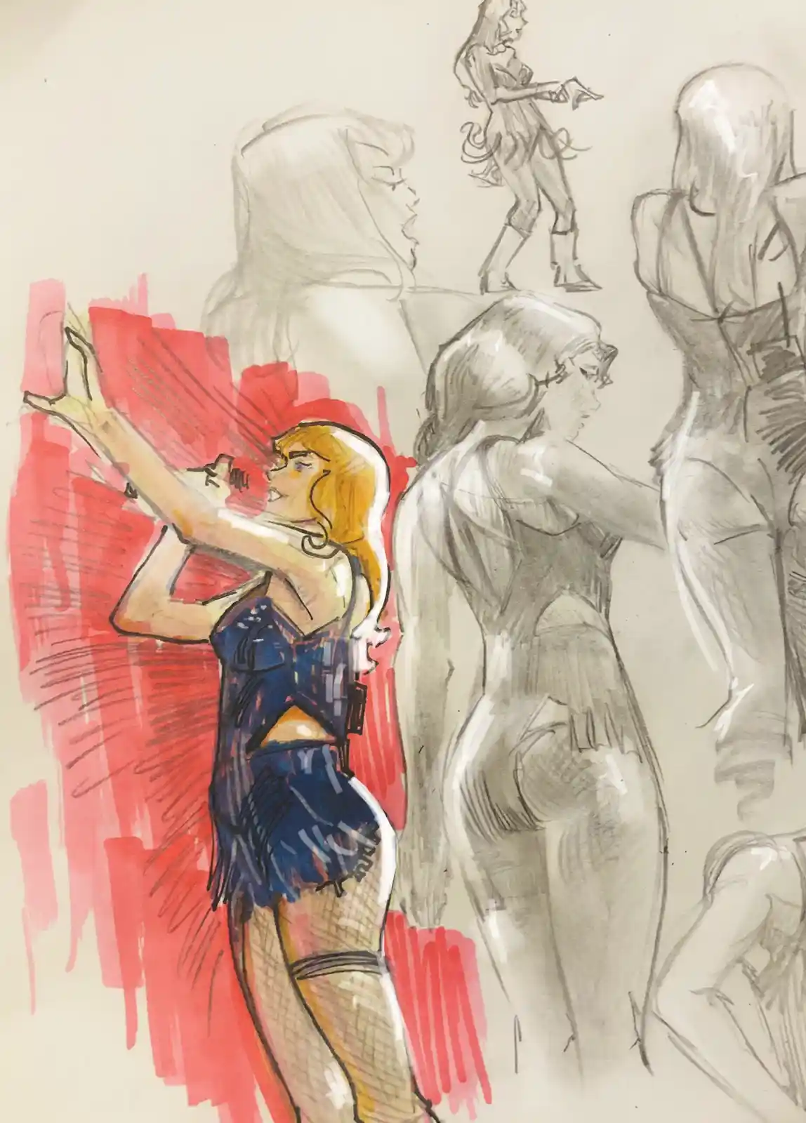 A sketchbook page shows multiple pencil drawings of female figures, with one central figure colored in blue and red, holding…