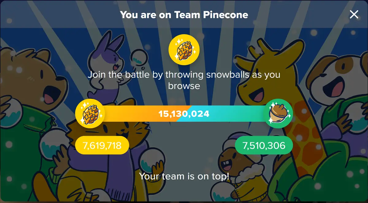 A game interface shows cartoon animals in winter clothes cheering, with text declaring 'You are on Team Pinecone' and 'Your…