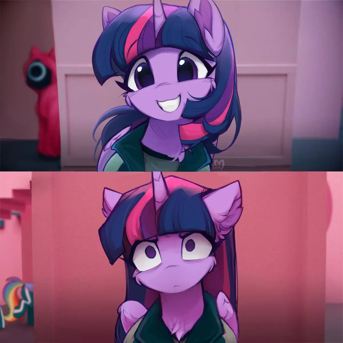 The image shows two panels of Twilight Sparkle from My Little Pony. In the top panel, she smiles confidently while a pink…