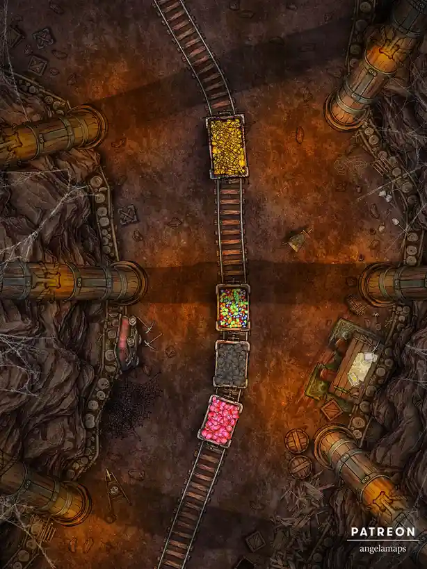 An overhead view of a dungeon mine with a minecart track running through the center, carrying four carts filled with gold…